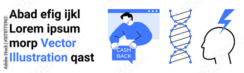 Text segments, man holding Cash Back sign, DNA helix, lightning bolt in head silhouette. Ideal for marketing, medical, technology, education, finance, health, innovation themes. Landing page