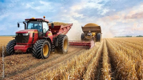A vibrant agricultural scene featuring a red tractor and a large harvesting machine working together in a golden crop field under a beautiful sky.