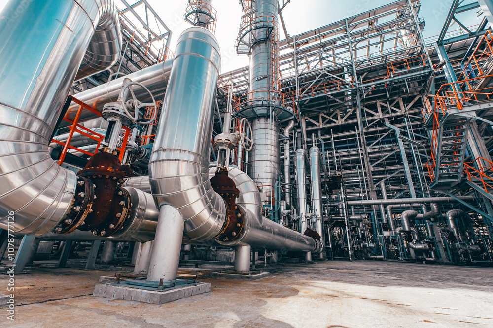 Fototapeta premium Valve elbow column refinery plant equipment for pipeline oil and gas valves at gas plant pressure safety