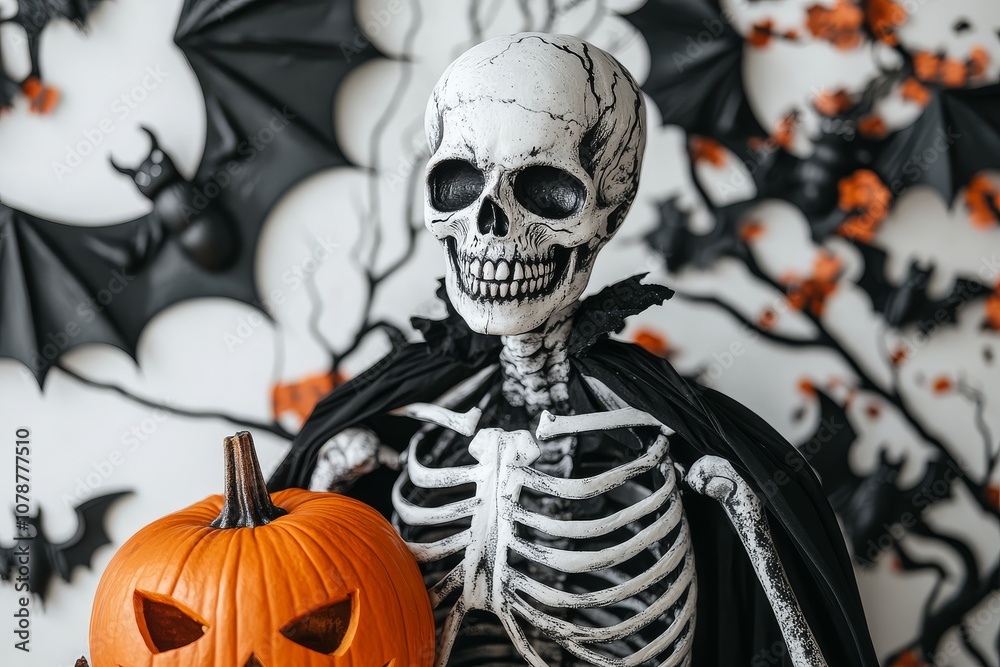 Halloween skeleton in vampire costume with pumpkin, against a white wall decorated with bats and Halloween elements. Studio setting. Halloween skeleton in vampire costume with pumpkin, against a white wall decorated with bats and Halloween elements. Studio setting.