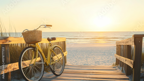 A classic beach scene at sunrise with vintage-style bicycles. Holiday mood photo