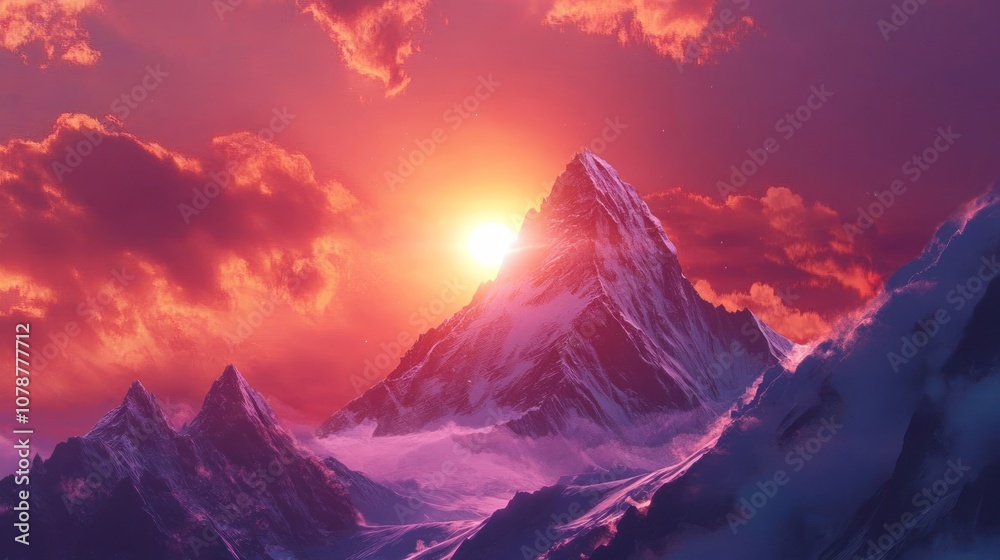 Majestic snow-capped mountain peak bathed in the warm glow of a vibrant sunset, with dramatic red and purple clouds. Majestic snow-capped mountain peak bathed in the warm glow of a vibrant sunset, with dramatic red and purple clouds.