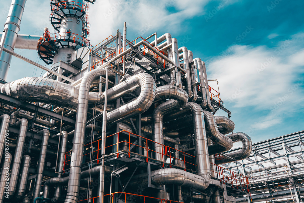 Fototapeta premium Valve elbow column refinery plant equipment for pipeline oil and gas valves at gas plant pressure safety