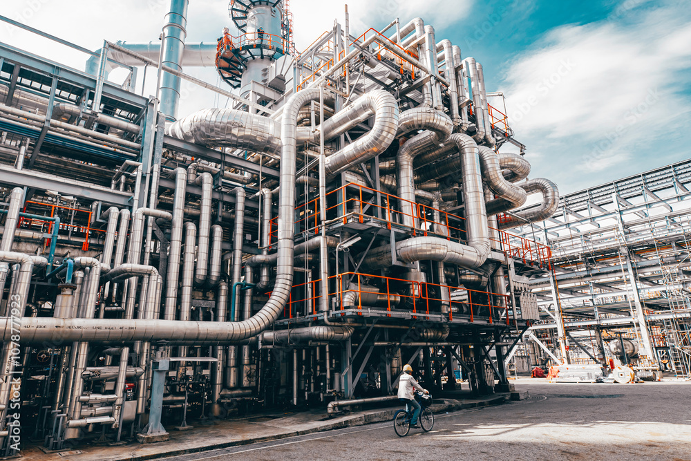 Fototapeta premium Valve elbow column refinery plant equipment for pipeline oil and gas valves at gas plant pressure safety