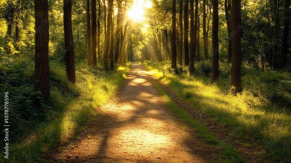 Obraz premium A dirt path winds through a lush forest, sunlight streaming through the trees.