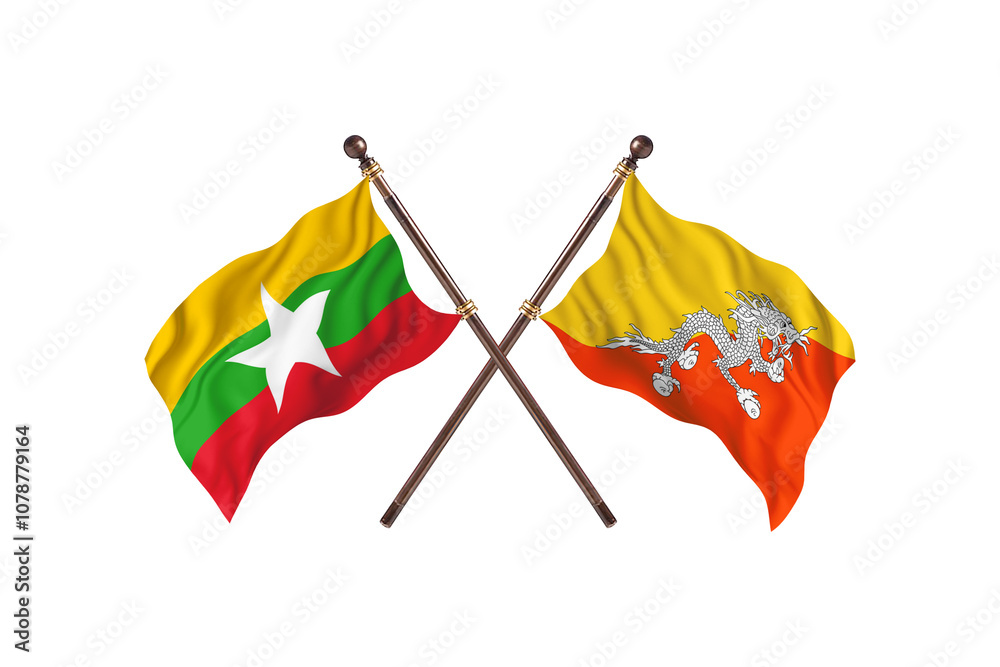 Burma Versus Bhutan Two countries Flags background Burma Versus Bhutan Two countries Flags background