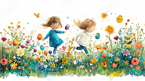 Children run through a garden, searching for brightly colored Easter eggs hidden among the flowers. The air is filled with laughter and excitement as they uncover their treasures