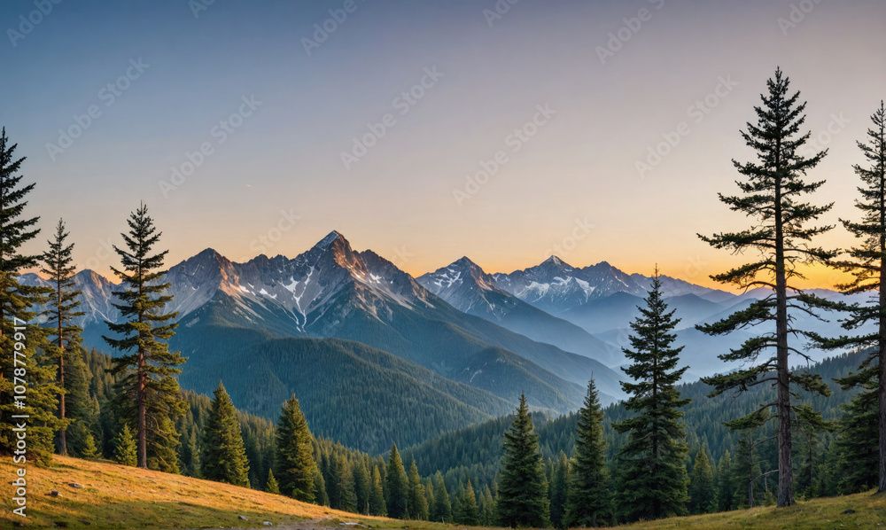 A view of the snow-capped peaks of the mountains at sunset, with a forest of evergreen trees in the foreground A view of the snow-capped peaks of the mountains at sunset, with a forest of evergreen trees in the foreground
