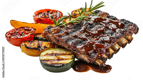 A rack of ribs with vegetables and sauce on top photo