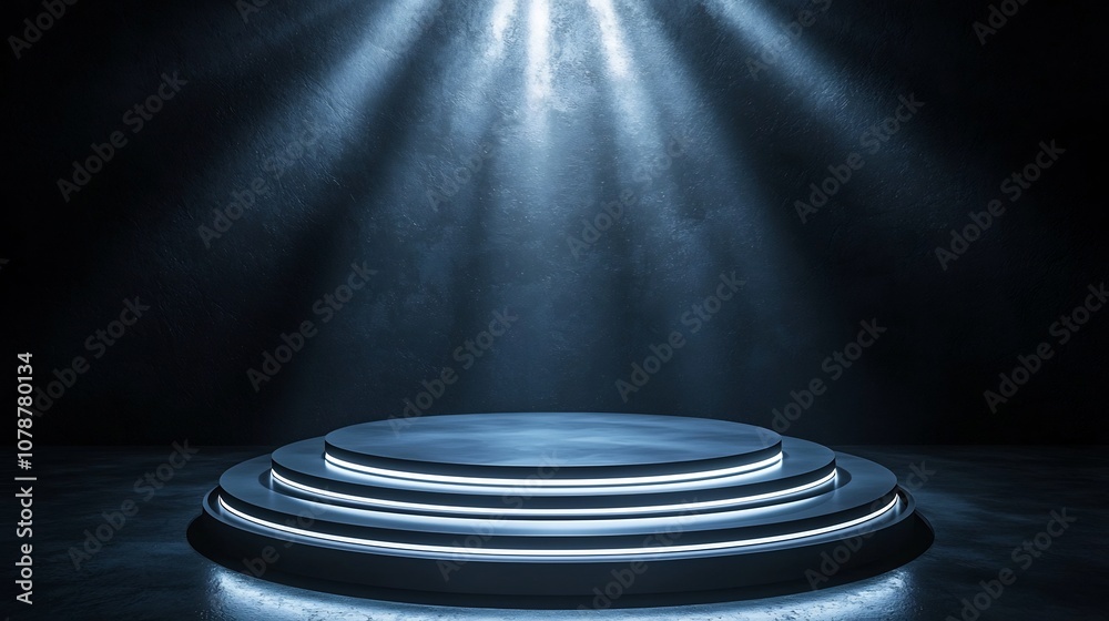 Polished Podium Surrounded by Concentric Rings of Light on a Dark Industrial Background Polished Podium Surrounded by Concentric Rings of Light on a Dark Industrial Background