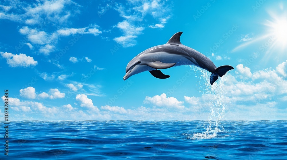 Obraz premium Dolphin Leaping Ocean Sunny Sky Wildlife Marine Life Nature Background