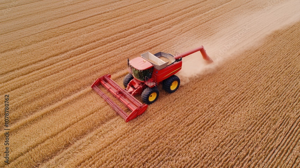 A red combine harvester operates in a golden wheat field, efficiently harvesting crops under clear skies. A red combine harvester operates in a golden wheat field, efficiently harvesting crops under clear skies.