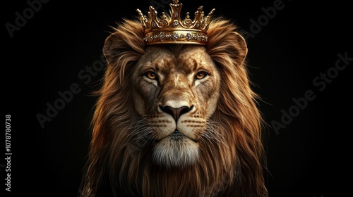 A majestic lion wearing a golden crown against a dark background  symbolizing strength and royalty.