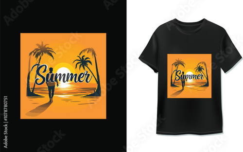 A vintage-style illustration of a surfer standing on a beach at sunset, with a palm tree, waves, and a setting sun in the background. The text 
