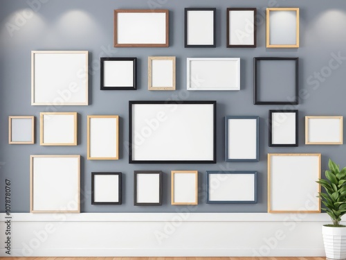 A mockup of a gallery wall filled with various photo frames in different sizes and styles, graphic design, artwork, realistic