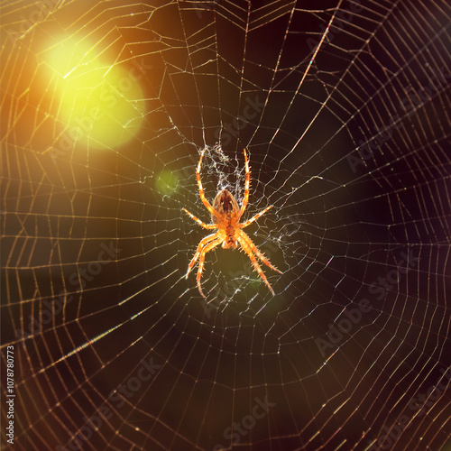 Spider on a web in solar beam photo