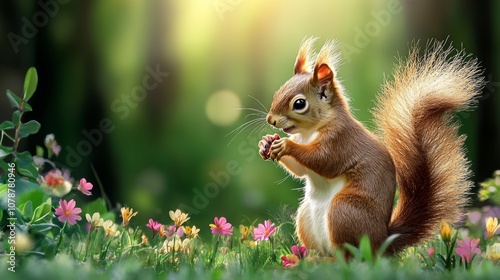 Adorable Red Squirrel Eating Nut in Spring Flowers Meadow