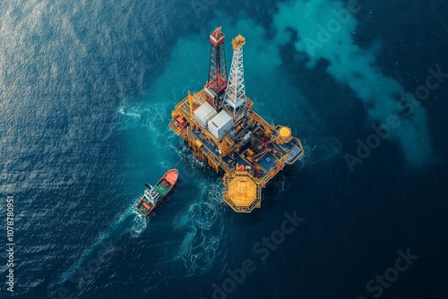 AI generator image of Professionally equipped ship, and tanker It was passing by and parked near an oil rig.Offshore oil and gas platform in the sea,Oil and gas platforms north sea