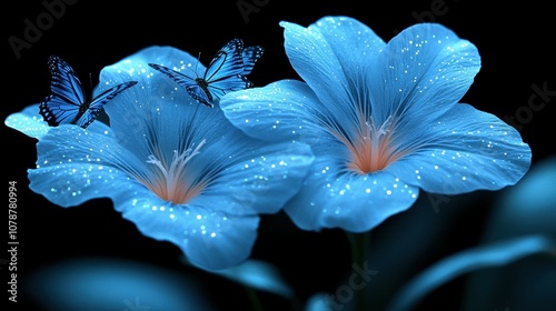 Two blue flowers with butterflies on them. The flowers are in a dark background. The butterflies are in the foreground