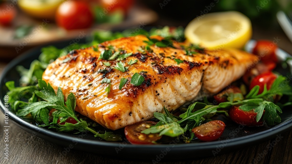 Grilled Salmon with Salad and Cherry Tomatoes Grilled Salmon with Salad and Cherry Tomatoes