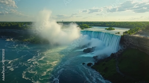 A stunning view of a waterfall with mist and surrounding greenery under a blue sky.