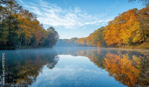 AI generator image of Early autumn morning, deep green and yellow fallen leaves, blue sky with white clouds, light mist, lake reflecting the forest, bright colors, clear details, distant composition