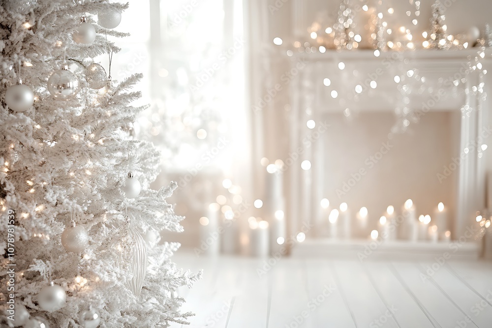 Elegant White Christmas Tree and Decor with Soft Candlelight in a Bright Room : Generative AI Elegant White Christmas Tree and Decor with Soft Candlelight in a Bright Room : Generative AI