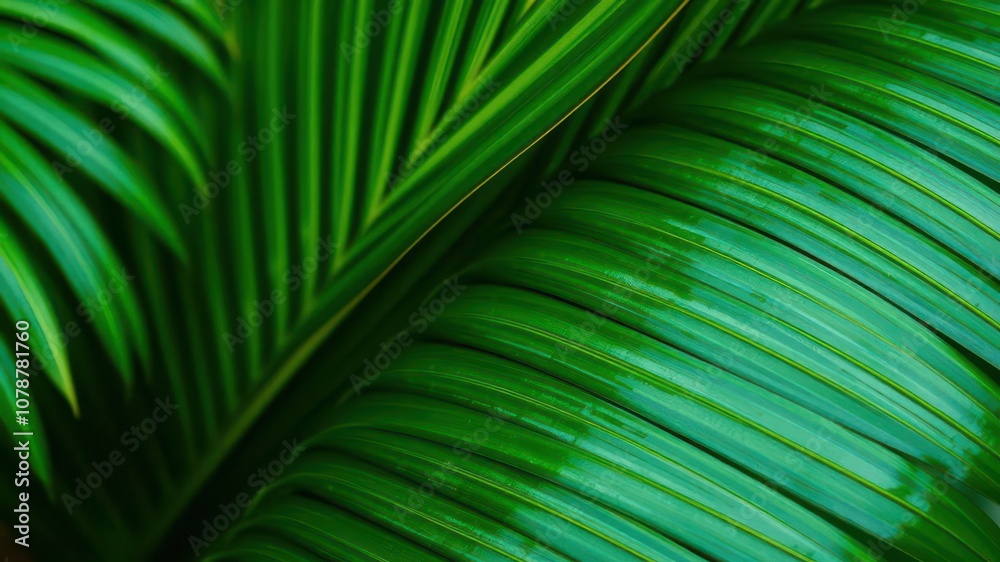 Obraz premium Close up of a vibrant green palm leaf showing intricate texture and natural patterns, texture, lush, botanical