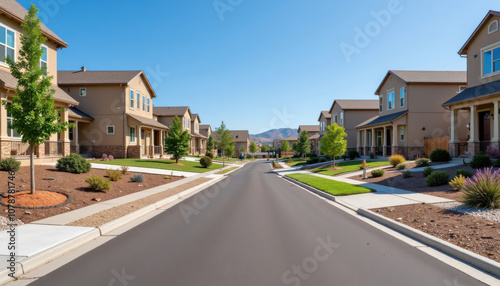 Suburban neighborhood street with houses and blue sky