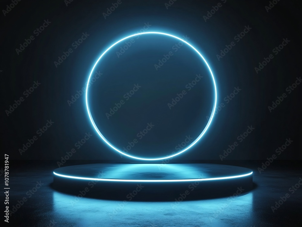 Futuristic Glowing Podium Made of Interconnected Metal Rings in Dark Dynamic Space for Tech Product Display Futuristic Glowing Podium Made of Interconnected Metal Rings in Dark Dynamic Space for Tech Product Display