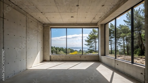 Empty Concrete Room with Large Window and Nature View Spacious Concrete Interior with Natural Backdrop
