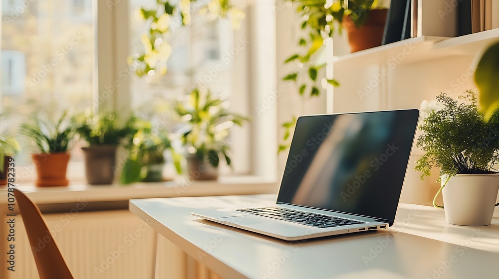 Sunlit Modern Home Office with Laptop and Indoor Plants for a Productive Workspace : Generative AI Sunlit Modern Home Office with Laptop and Indoor Plants for a Productive Workspace : Generative AI
