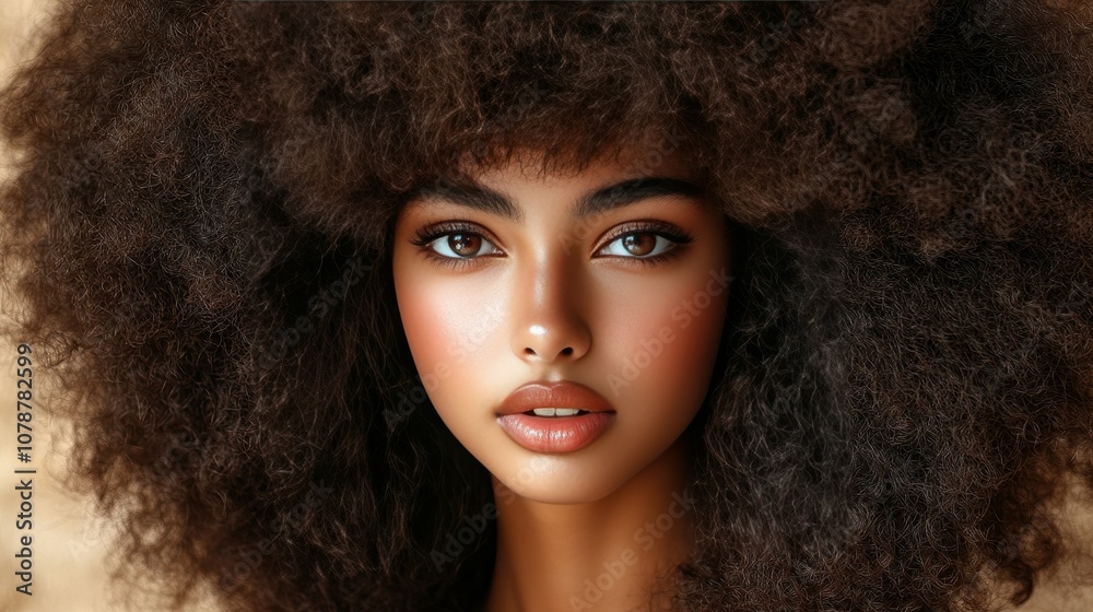 A woman with a big afro is smiling. She has a light brown skin tone and is wearing a red lipstick A woman with a big afro is smiling. She has a light brown skin tone and is wearing a red lipstick