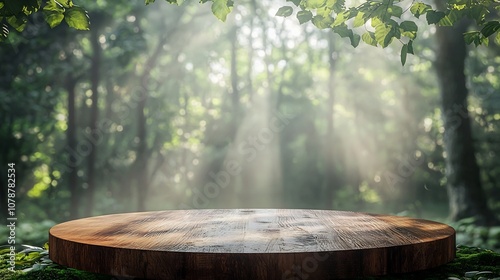 Rustic Wooden Podium with Glowing Natural Light in Blurred Forest Background for Eco friendly Product Display