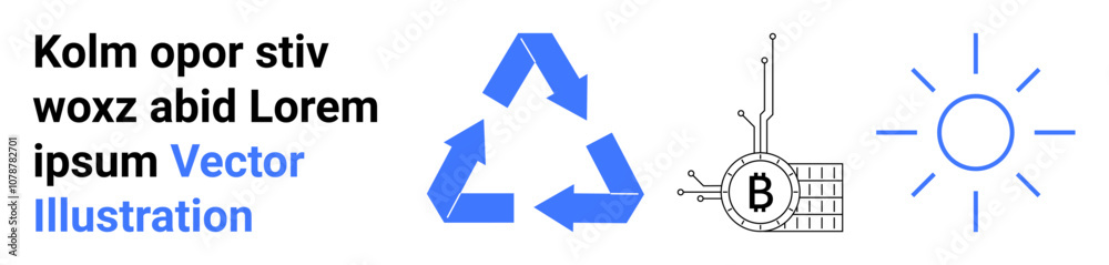 Recycling arrows, circuit with Bitcoin symbol, and sun icon. Ideal for eco-friendly content, cryptocurrency blogs, educational materials, tech websites, digital marketing, sustainability reports Recycling arrows, circuit with Bitcoin symbol, and sun icon. Ideal for eco-friendly content, cryptocurrency blogs, educational materials, tech websites, digital marketing, sustainability reports