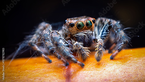 Jumping spider looking the camera on leaf with black background photo