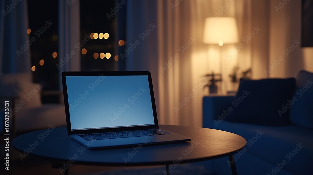 Cozy Evening Scene with Laptop on Table in Ambient Lit Living Room : Generative AI Cozy Evening Scene with Laptop on Table in Ambient Lit Living Room : Generative AI