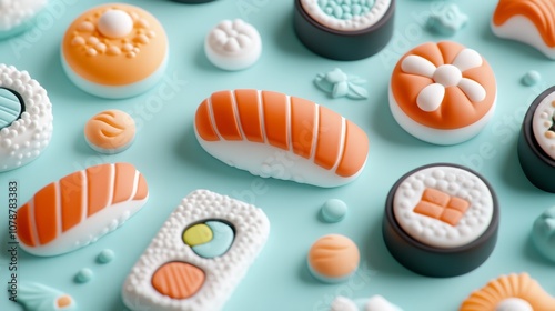 Cute Sushi Food Icons Japanese Cuisine Sweet Treats Kawaii Playful Design Pastel Colors Flat Lay photo