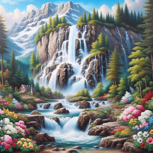 Oil painting of a waterfall cascading down a rocky cliffside, surrounded by lush greenery and wildflowers. A small wooden cabin is nestled at the base of the waterfall. photo