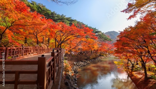 The Serene Beauty of Nami Island in South Korea During Autumn, Where Vibrant Red, Orange, and Yellow Leaves Create a Magical Forest Path Alongside the Calm Han River