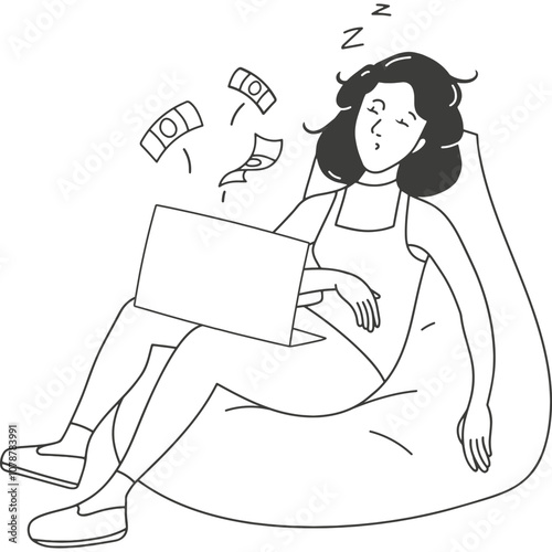 A person relaxing on a bean bag chair while working on a laptop, enjoying a laid-back lifestyle with money symbols floating around