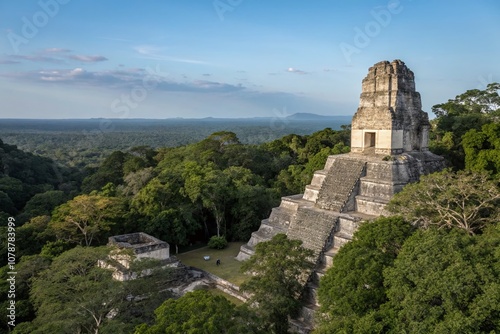 Majestic Maya Temple Surrounded by Lush Jungle and Clear Blue Sky, Captured with Rule of Thirds for Stunning Visual Impact and Cultural Heritage Representation