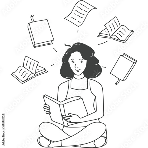 A young woman sits cross-legged with a book, surrounded by floating pages and books, absorbed in her reading in a quiet indoor space