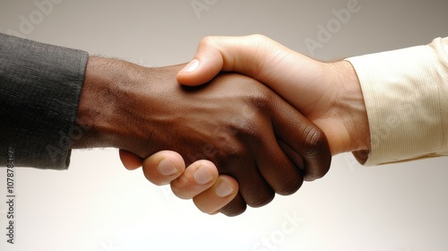 Two hands shaking in a business meeting. The man on the left is black and the man on the right is white