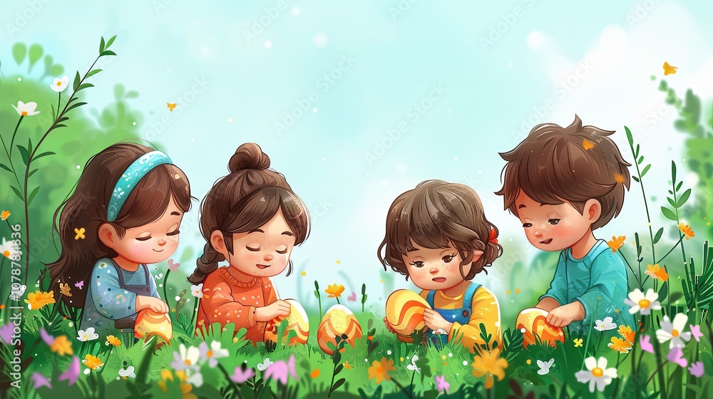 Children searching for Easter eggs in a garden