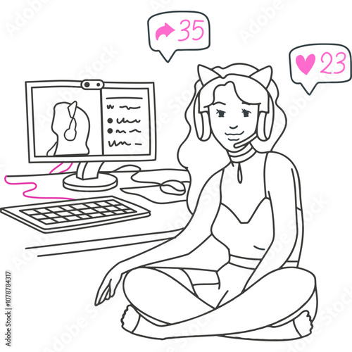 A young woman with headphones sitting cross-legged, engaging with her online audience during a live streaming session