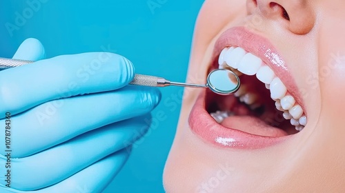 A dental professional examines a patient's mouth using a mirror and scaler, emphasizing oral hygiene and dental care.