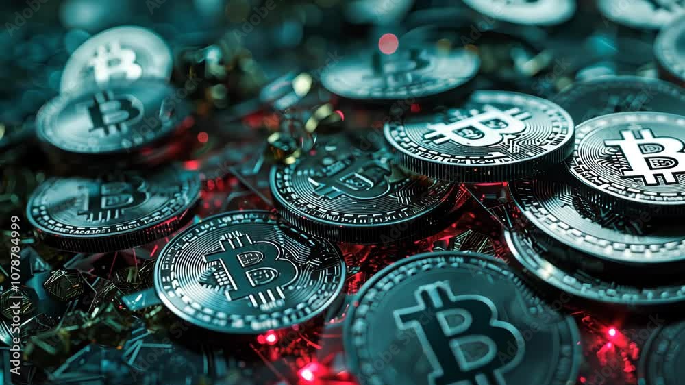 Pile of cryptocurrency symbols on a dark background with depth of field.