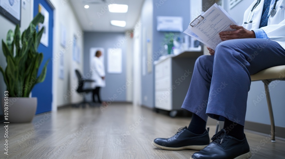 Fototapeta premium Doctor Reviewing Papers in a Hospital Waiting Room