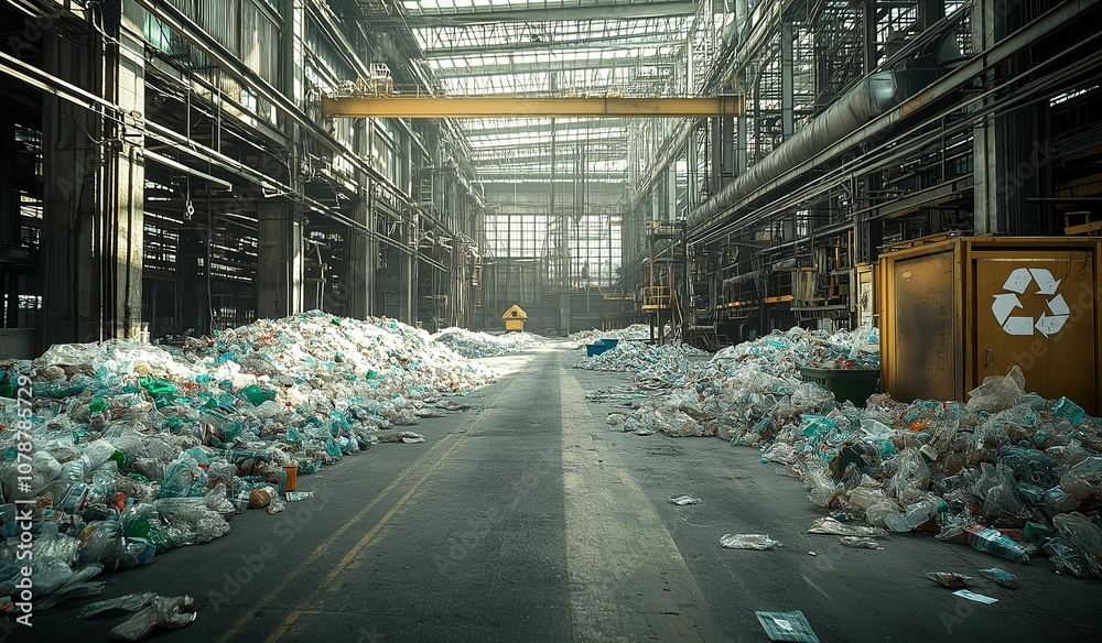 AI generator image of plastic waste recycling plant,Waste sorting plant. Many different conveyors and bins. conveyors filled with various household waste,escalator with a pile of plastic bottles AI generator image of plastic waste recycling plant,Waste sorting plant. Many different conveyors and bins. conveyors filled with various household waste,escalator with a pile of plastic bottles